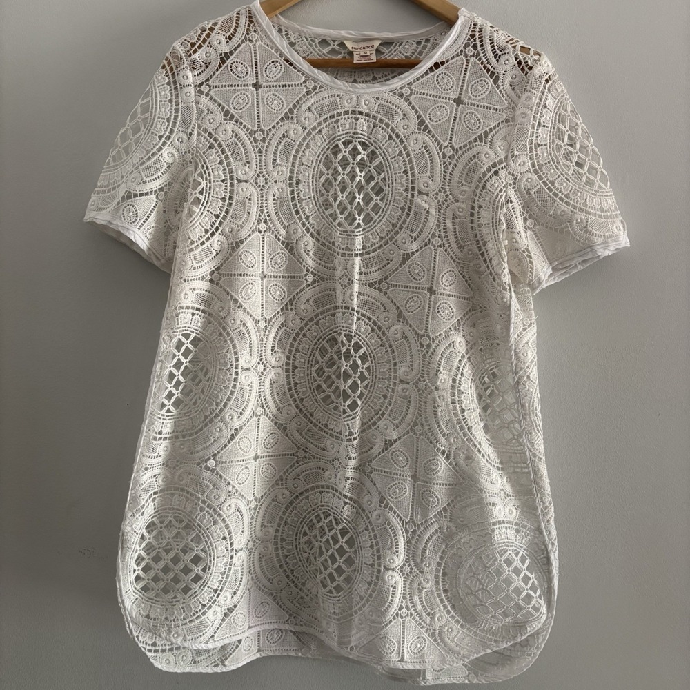 Sundance Shadow Dance Tee Geometric Medallion Crochet Lace Medium Boho Festival
